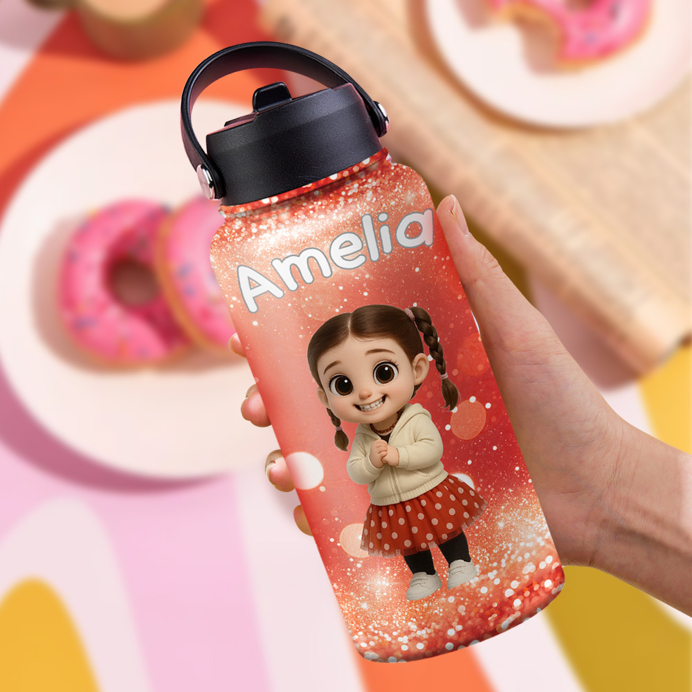 Custom Name Cartoon Kid Water Bottle, Stainless Steel Cup Birthday Gift for Kids - Get Photo Blanket