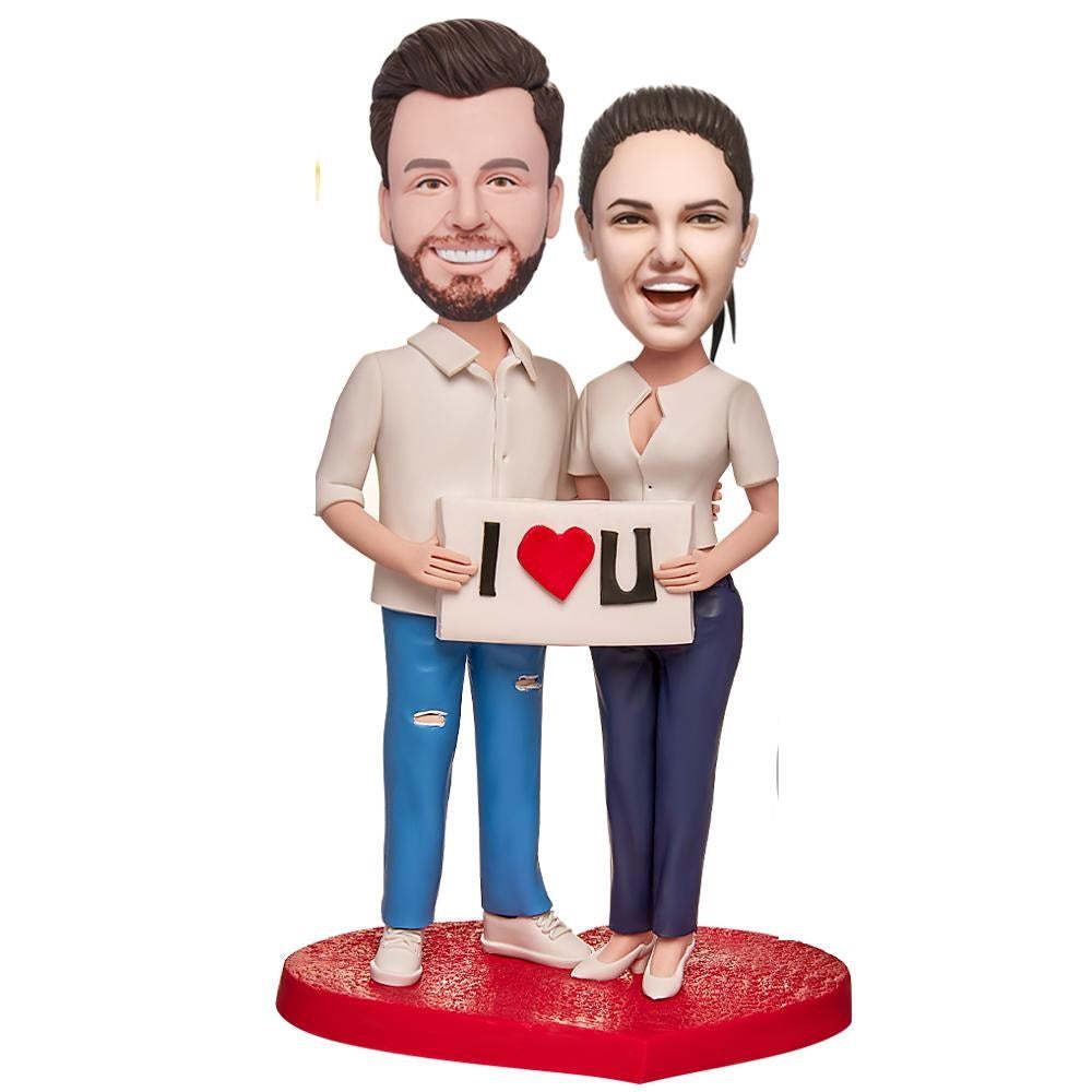 The Couple with The I LOVE U Sign Custom Bobbleheads With Engraved Text - Get Photo Blanket