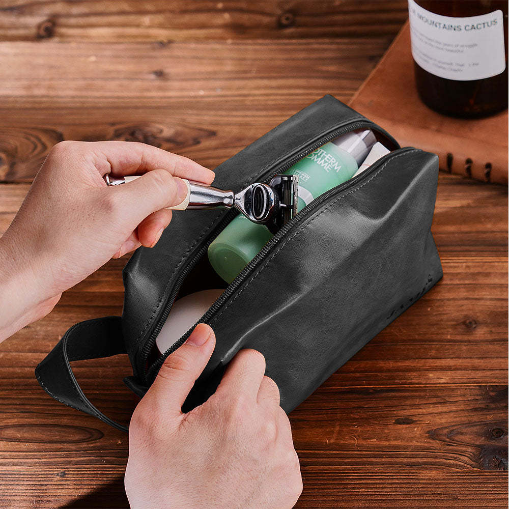 Custom Name Engraved Men's Toiletry Travel Storage Bag Leather Bag - Get Photo Blanket