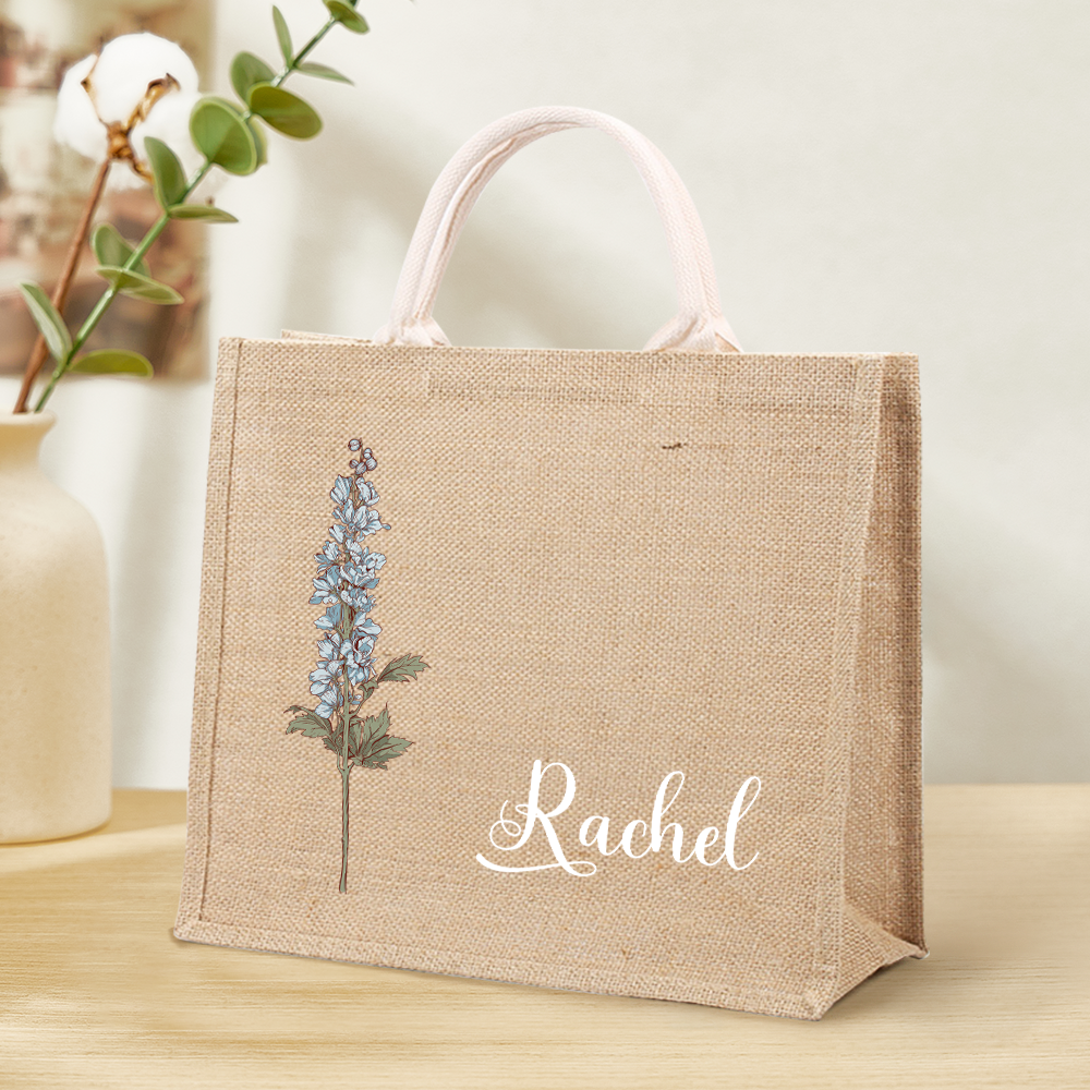 Personalized Birth Flower Beach Jute Tote Bag with Name Birthday Wedding Party Gifts for Her - Get Photo Blanket