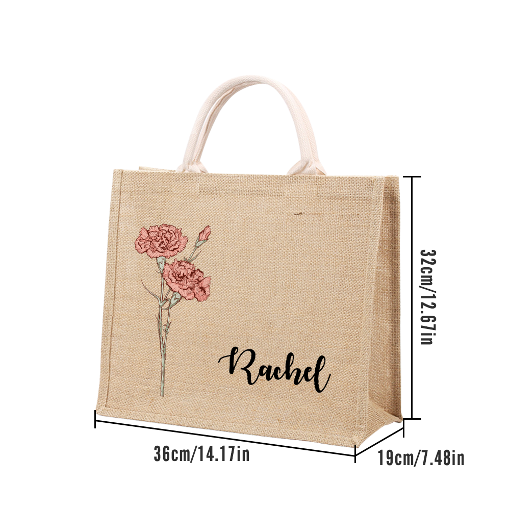 Personalized Birth Flower Beach Jute Tote Bag with Name Birthday Wedding Party Gifts for Her - Get Photo Blanket