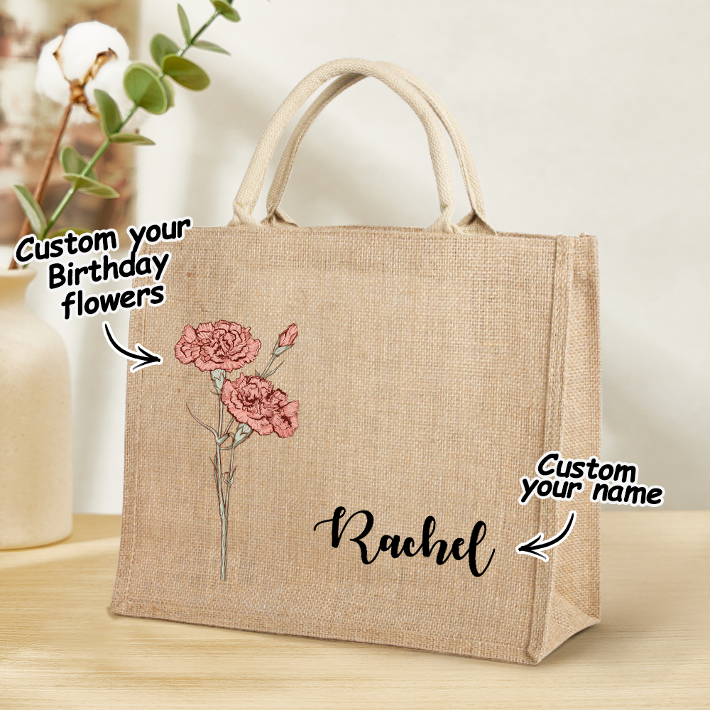 Personalized Birth Flower Beach Jute Tote Bag with Name Birthday Wedding Party Gifts for Her - Get Photo Blanket
