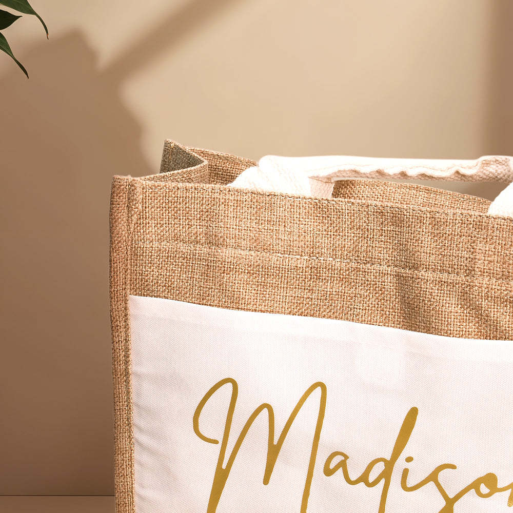 Personalized Jute Tote Bag with Pocket Reusable Beach Travel Accessory Bridal Party Wedding Gift for Her - Get Photo Blanket