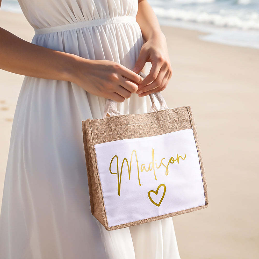 Personalized Jute Tote Bag with Pocket Reusable Beach Travel Accessory Bridal Party Wedding Gift for Her - Get Photo Blanket