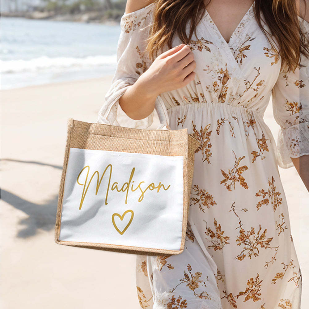 Personalized Jute Tote Bag with Pocket Reusable Beach Travel Accessory Bridal Party Wedding Gift for Her - Get Photo Blanket