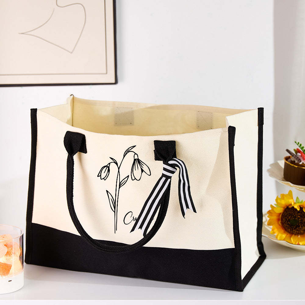 Personalized Birth Flower Canvas Tote Bag Large Capacity Beach Tote Bag Bridal Party Gift for Girls - Get Photo Blanket