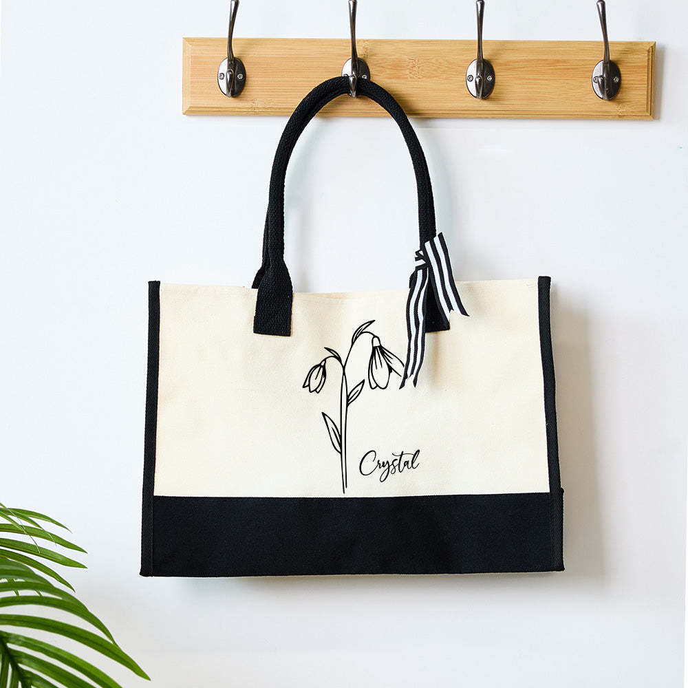 Personalized Birth Flower Canvas Tote Bag Large Capacity Beach Tote Bag Bridal Party Gift for Girls - Get Photo Blanket