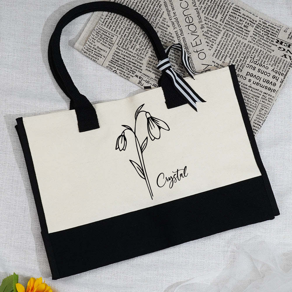 Personalized Birth Flower Canvas Tote Bag Large Capacity Beach Tote Bag Bridal Party Gift for Girls - Get Photo Blanket