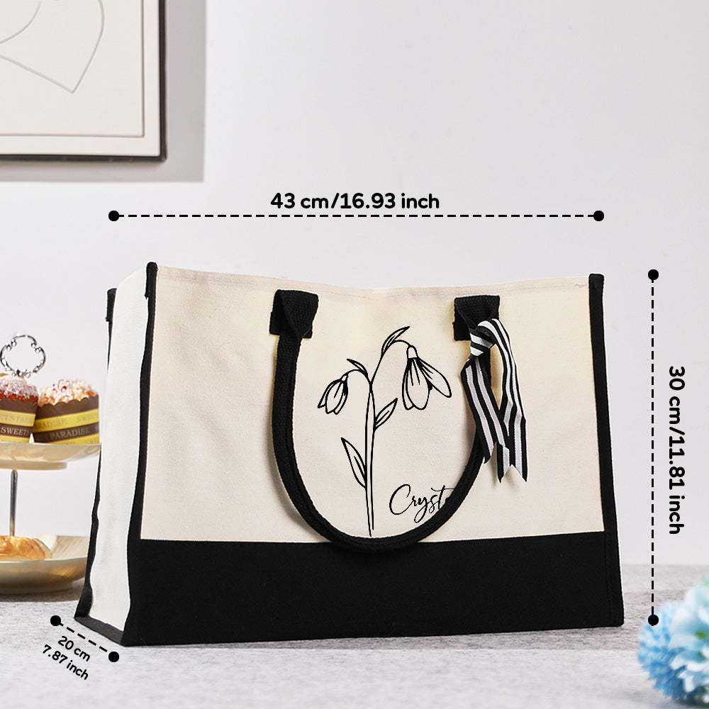 Personalized Birth Flower Canvas Tote Bag Large Capacity Beach Tote Bag Bridal Party Gift for Girls - Get Photo Blanket