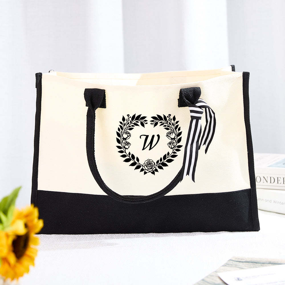 Personalized Wreath Initial Canvas Tote Bag Large Capacity Tote Bag Gift for Women - Get Photo Blanket
