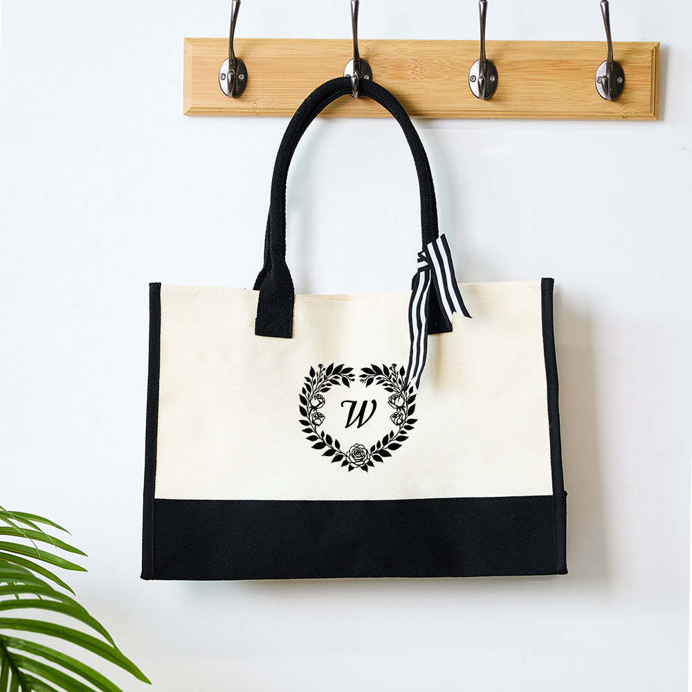 Personalized Wreath Initial Canvas Tote Bag Large Capacity Tote Bag Gift for Women - Get Photo Blanket