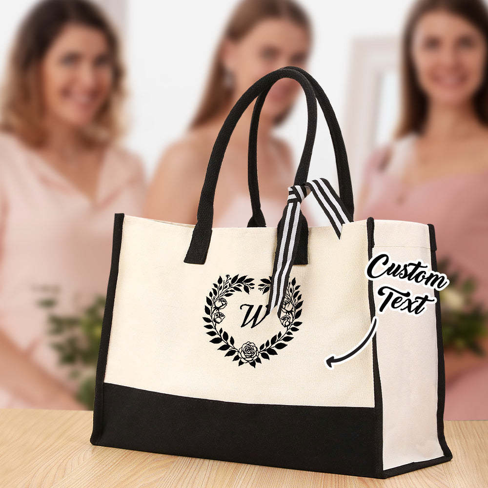 Personalized Wreath Initial Canvas Tote Bag Large Capacity Tote Bag Gift for Women - Get Photo Blanket