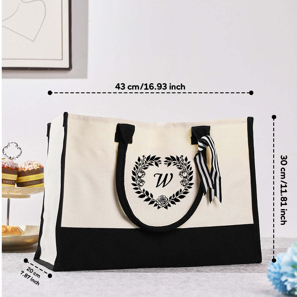 Personalized Wreath Initial Canvas Tote Bag Large Capacity Tote Bag Gift for Women - Get Photo Blanket
