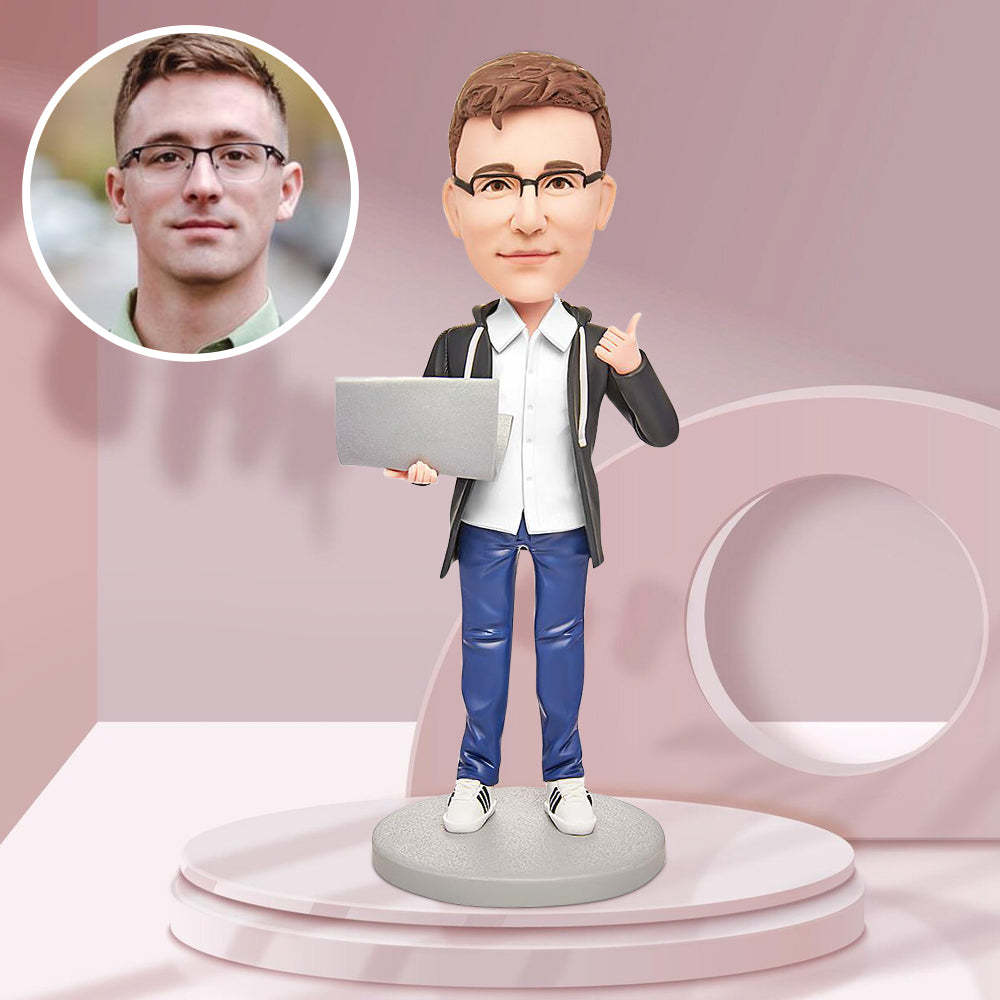 Male Software Engineer with Computer Custom Bobblehead Engraving with Text - Get Photo Blanket