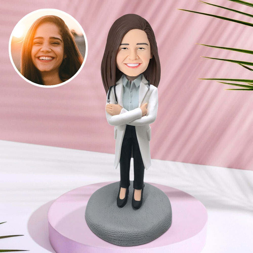 Female Doctor in Lab Coat with Stethoscope Custom Bobblehead With Engraved Text - Get Photo Blanket