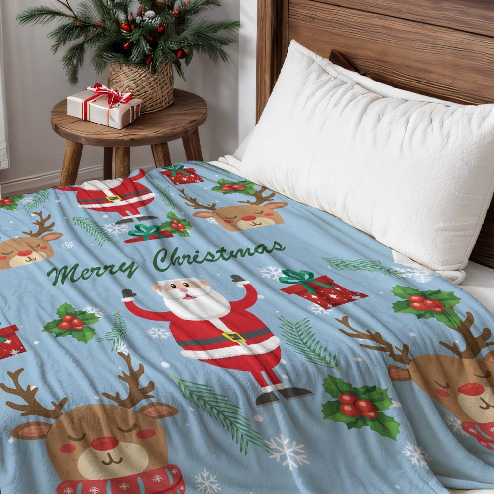 Custom Santa Claus and Elk Gifts Text Blanket Unique Gift For Lovers - Get Photo Blanket