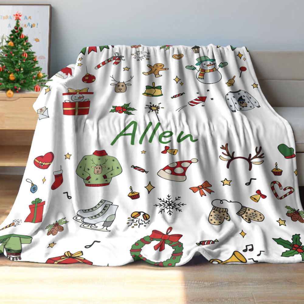 Custom Text Cute Christmas Icons Blanket Unique Gift For Kids