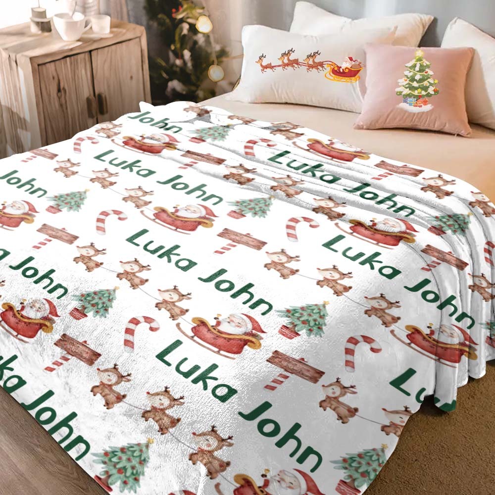 Custom Text Cute Santa Claus And Elk Christmas Blanket Unique Gift For Kids - Get Photo Blanket