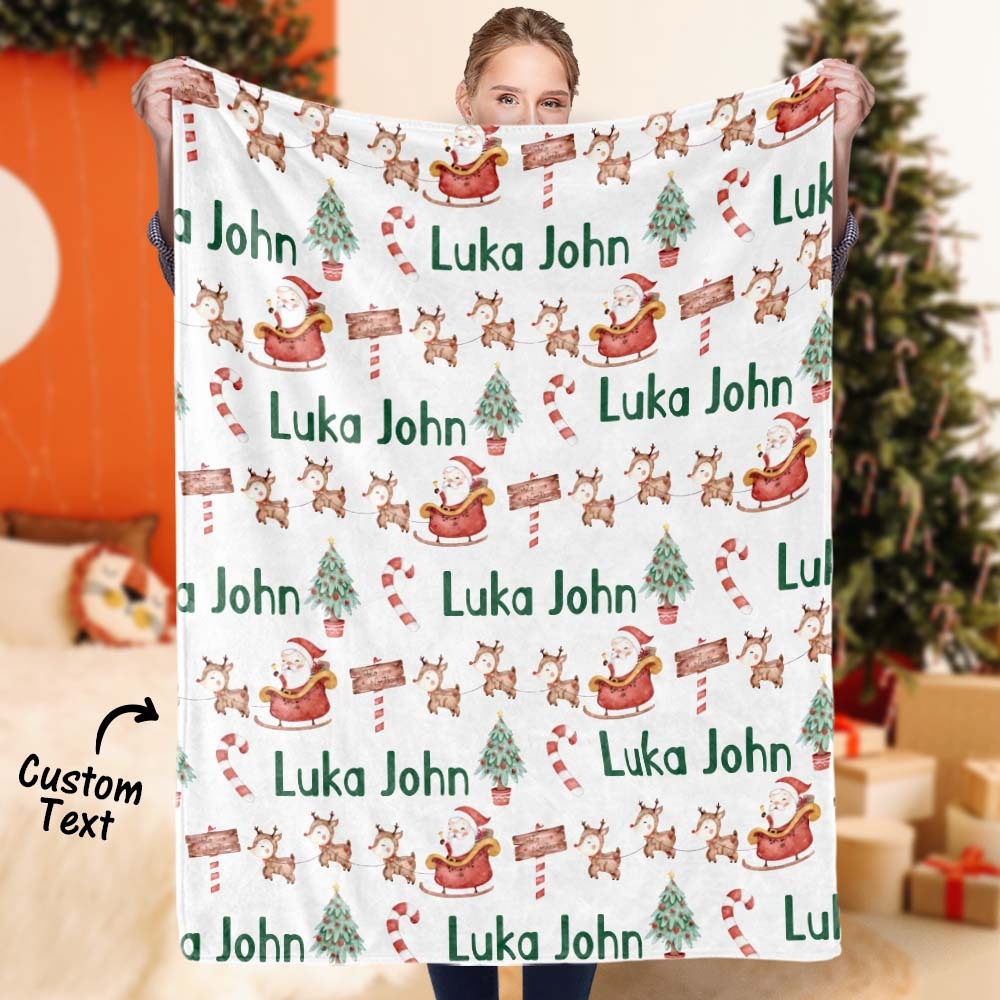 Custom Text Cute Santa Claus And Elk Christmas Blanket Unique Gift For Kids - Get Photo Blanket