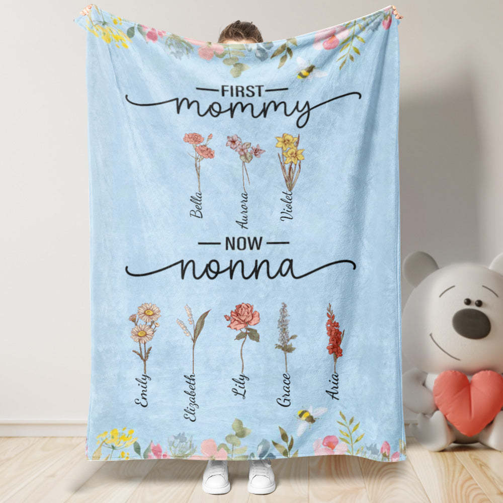 First Mom Now Grandma Custom Birth Flower and Name Blanket Mother's Day Gifts - Get Photo Blanket