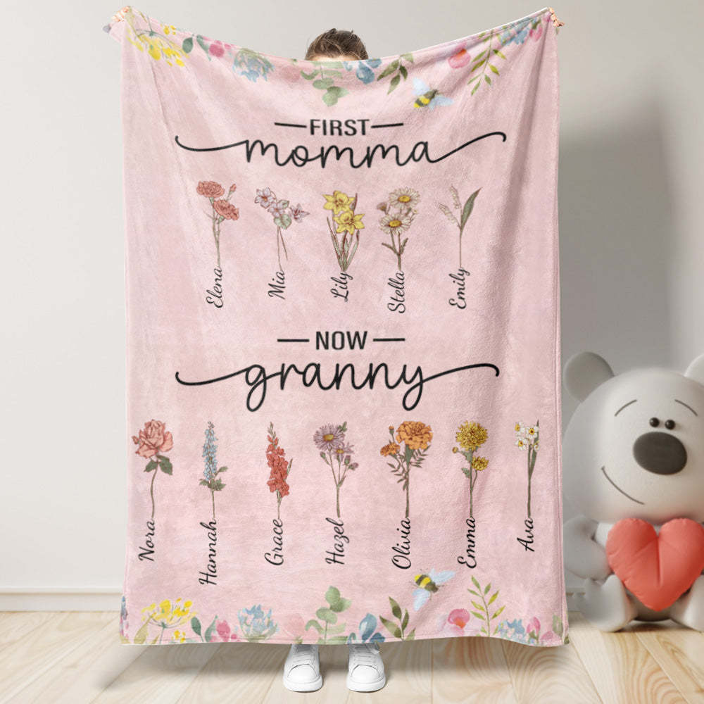 First Mom Now Grandma Custom Birth Flower and Name Blanket Mother's Day Gifts - Get Photo Blanket