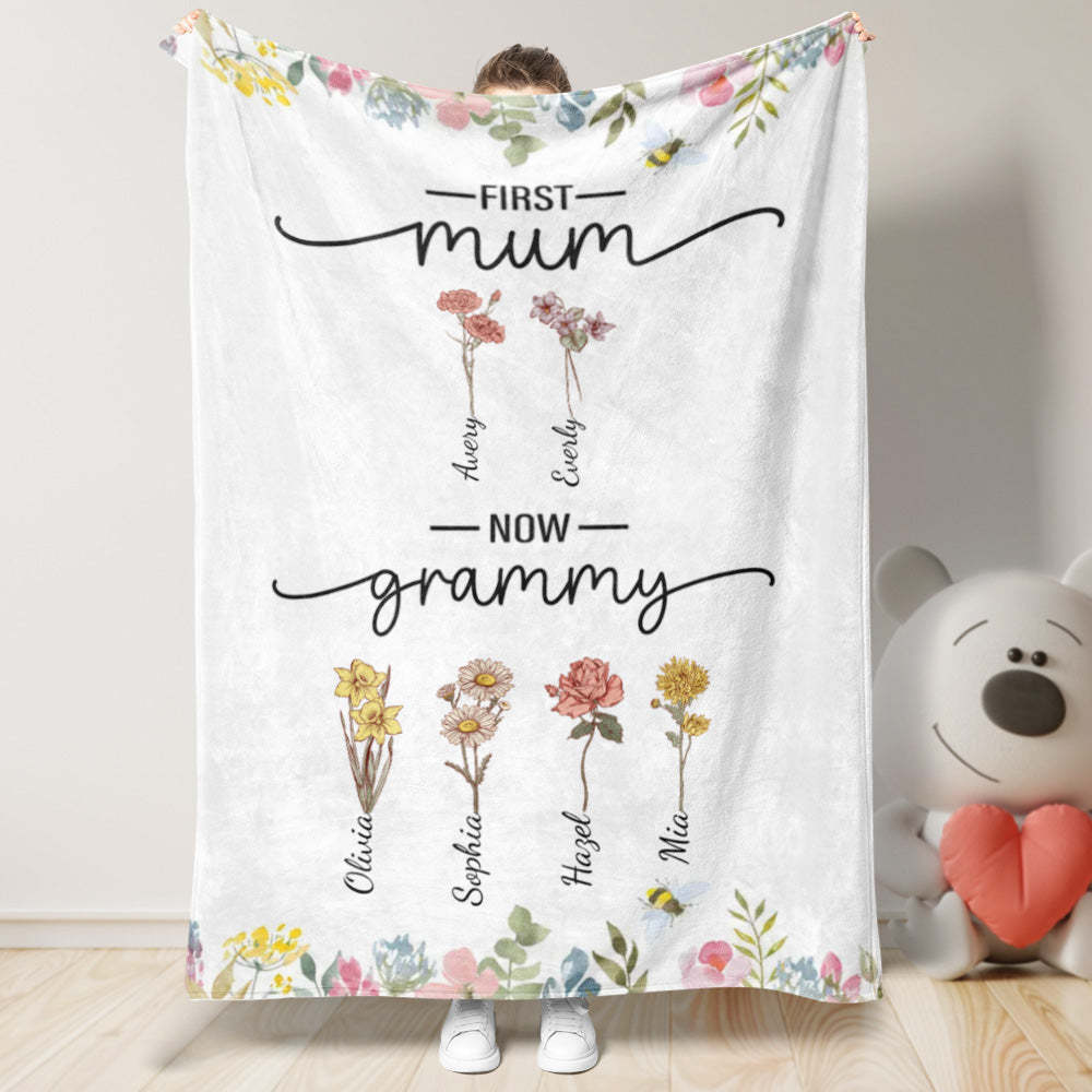 First Mom Now Grandma Custom Birth Flower and Name Blanket Mother's Day Gifts - Get Photo Blanket