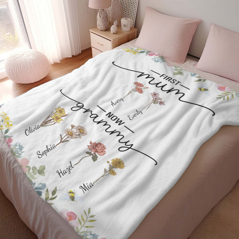 First Mom Now Grandma Custom Birth Flower and Name Blanket Mother's Day Gifts - Get Photo Blanket