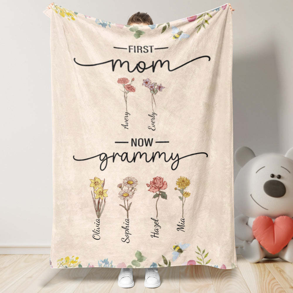 First Mom Now Grandma Custom Birth Flower and Name Blanket Mother's Day Gifts - Get Photo Blanket