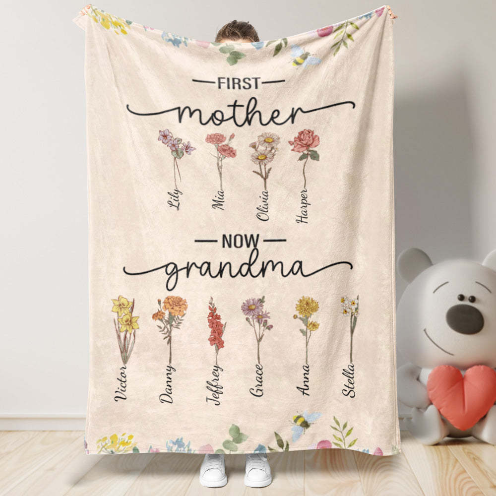 First Mom Now Grandma Custom Birth Flower and Name Blanket Mother's Day Gifts - Get Photo Blanket