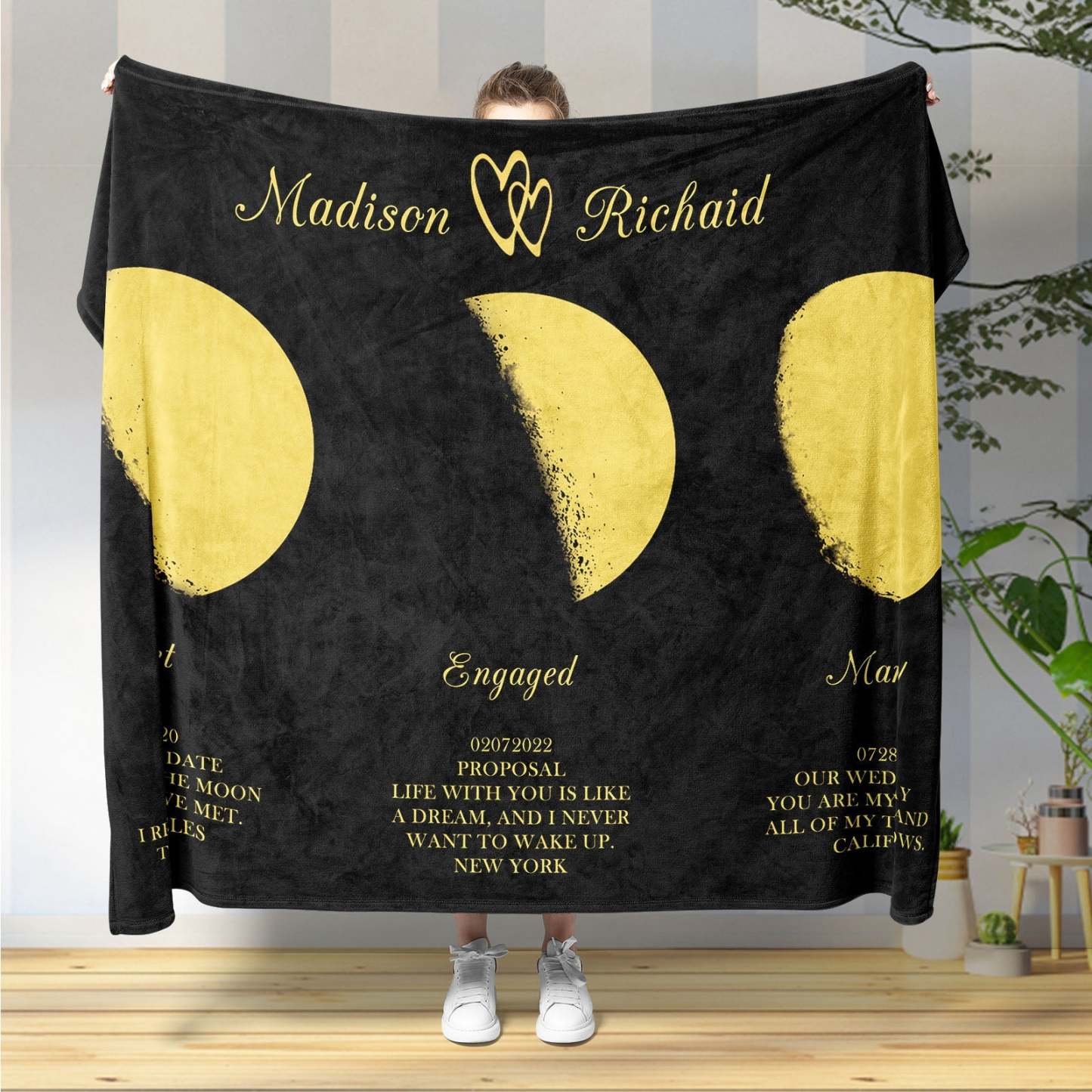 Custom Moon Phase Blanket Three Moon Personalized Names Anniversary Gifts for Her - Get Photo Blanket