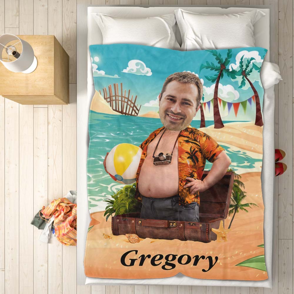 Personalized Face Photo Blanket with Custom Name for Dad Seaside Treasure Gift for Him - Get Photo Blanket