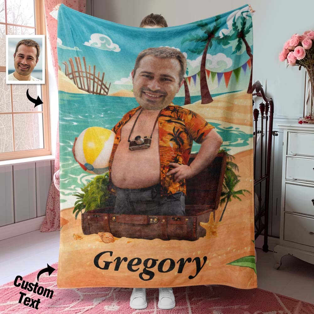 Personalized Face Photo Blanket with Custom Name for Dad Seaside Treasure Gift for Him - Get Photo Blanket