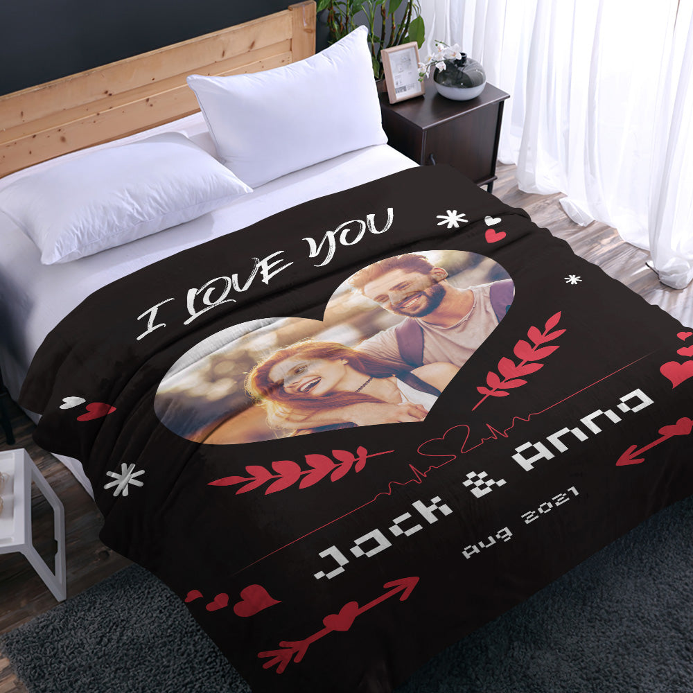 I Love U Custom Heart Shaped Photo Blanket Personalized Couple Photo and Text Blankets Best Valentine's Day Gifts for Her