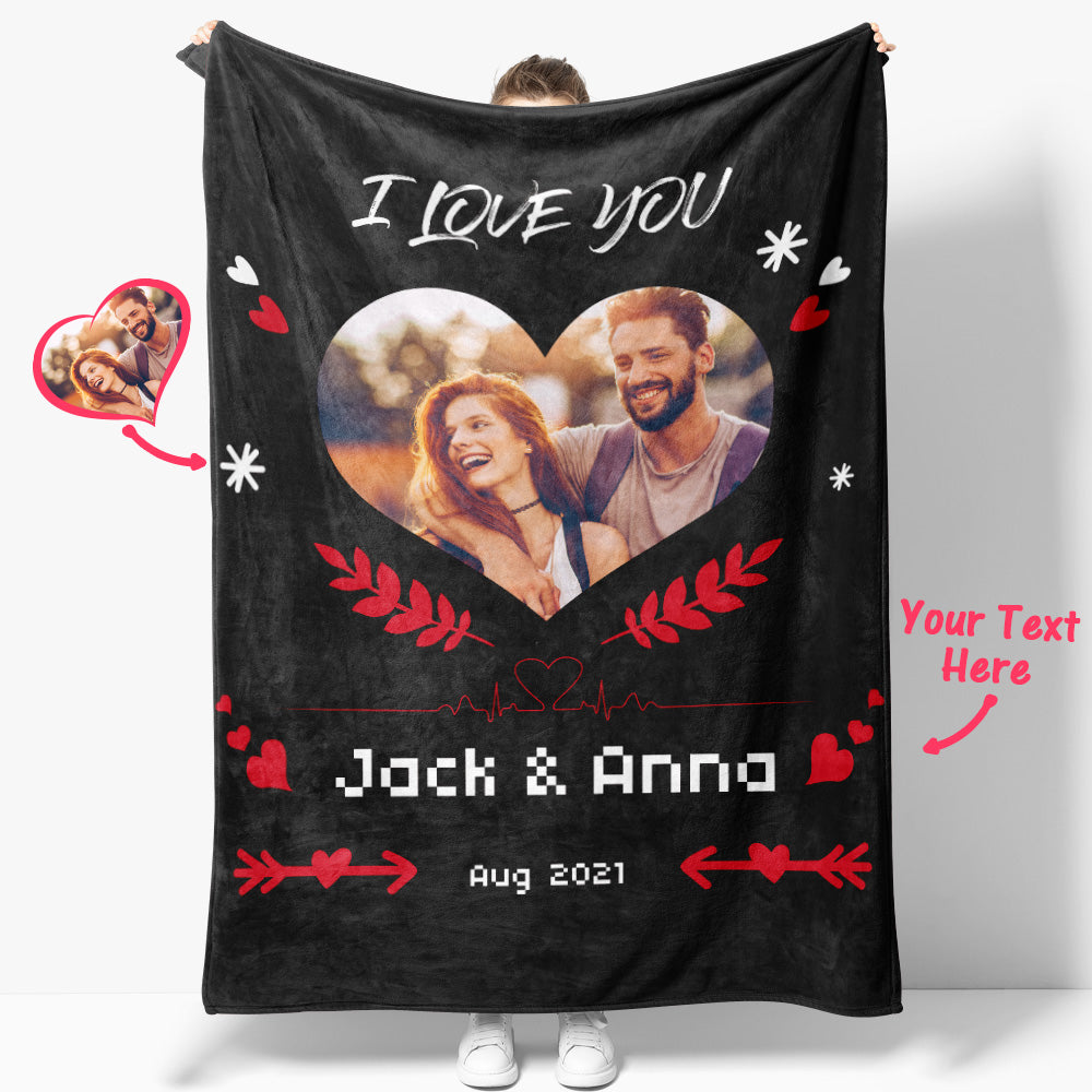 I Love U Custom Heart Shaped Photo Blanket Personalized Couple Photo and Text Blankets Best Valentine's Day Gifts for Her