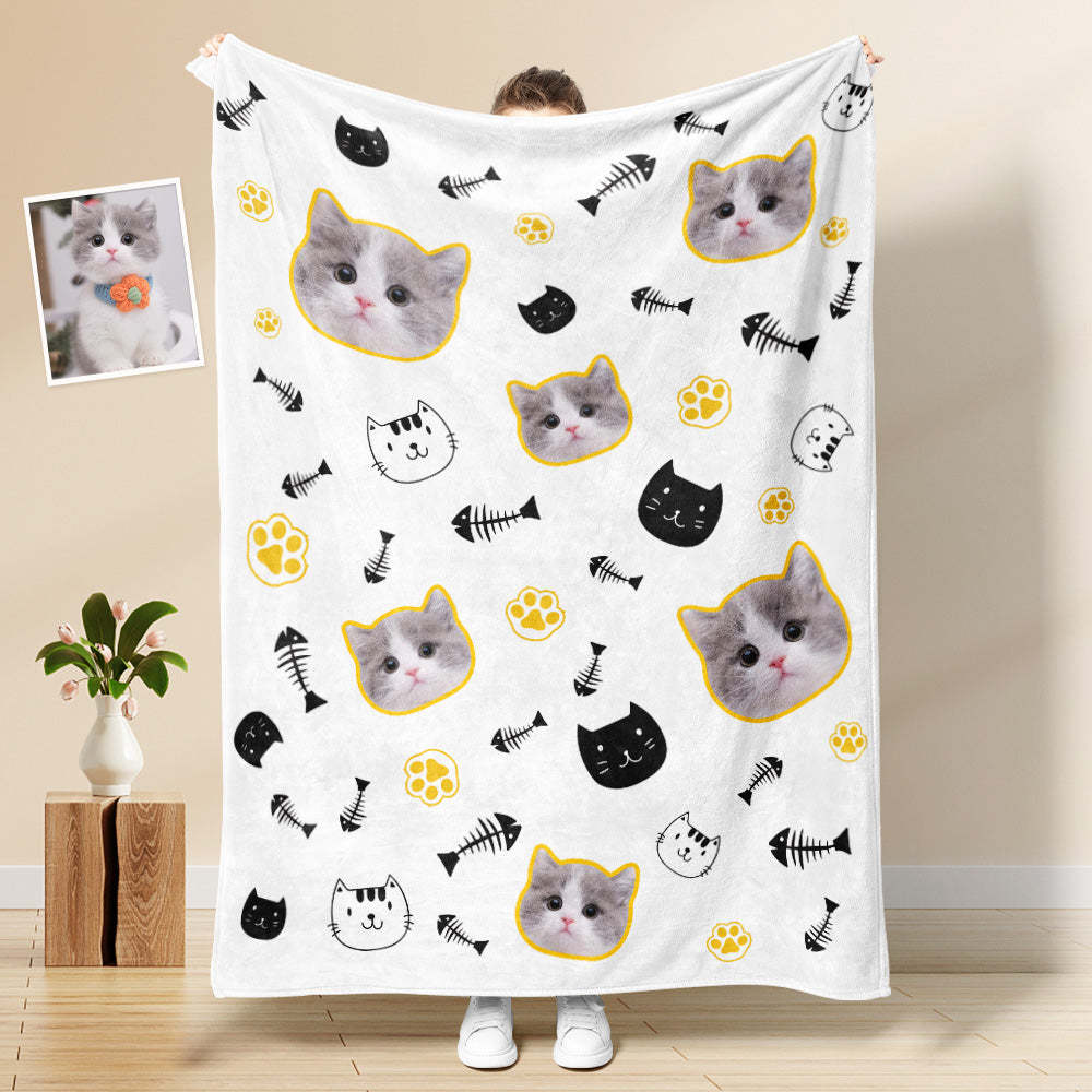 Custom Cat Face Blanket Cat's Head and Claw Personalized Pet Photo Yellow Blanket