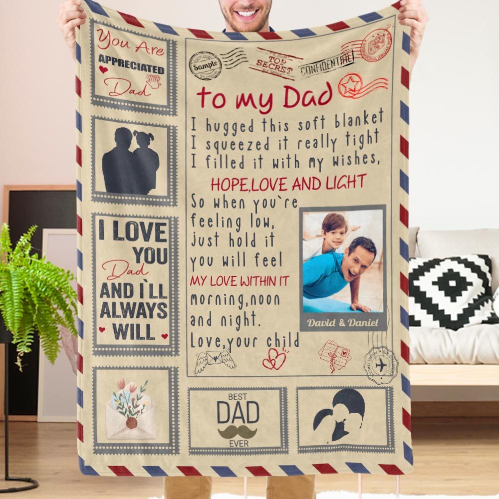 Father's Day Gift Custom Letter Blanket Personalized Photo Blanket to Dad with Names