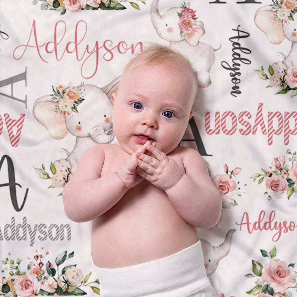 Custom Floral Cute Elephant Blanket with Name Christmas Birthday Baby Shower Gift for Baby Kid Family - Get Photo Blanket