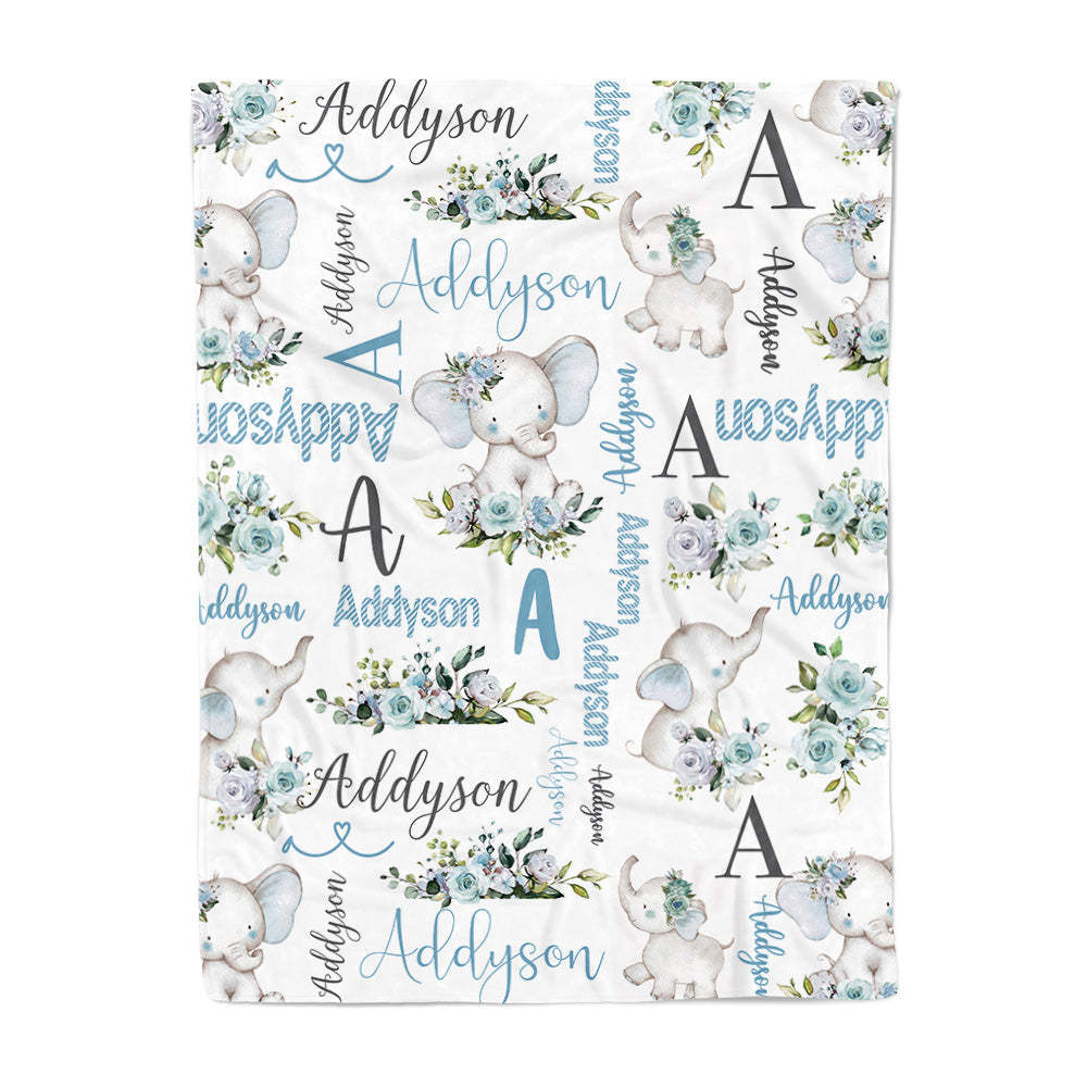 Custom Floral Cute Elephant Blanket with Name Christmas Birthday Baby Shower Gift for Baby Kid Family - Get Photo Blanket