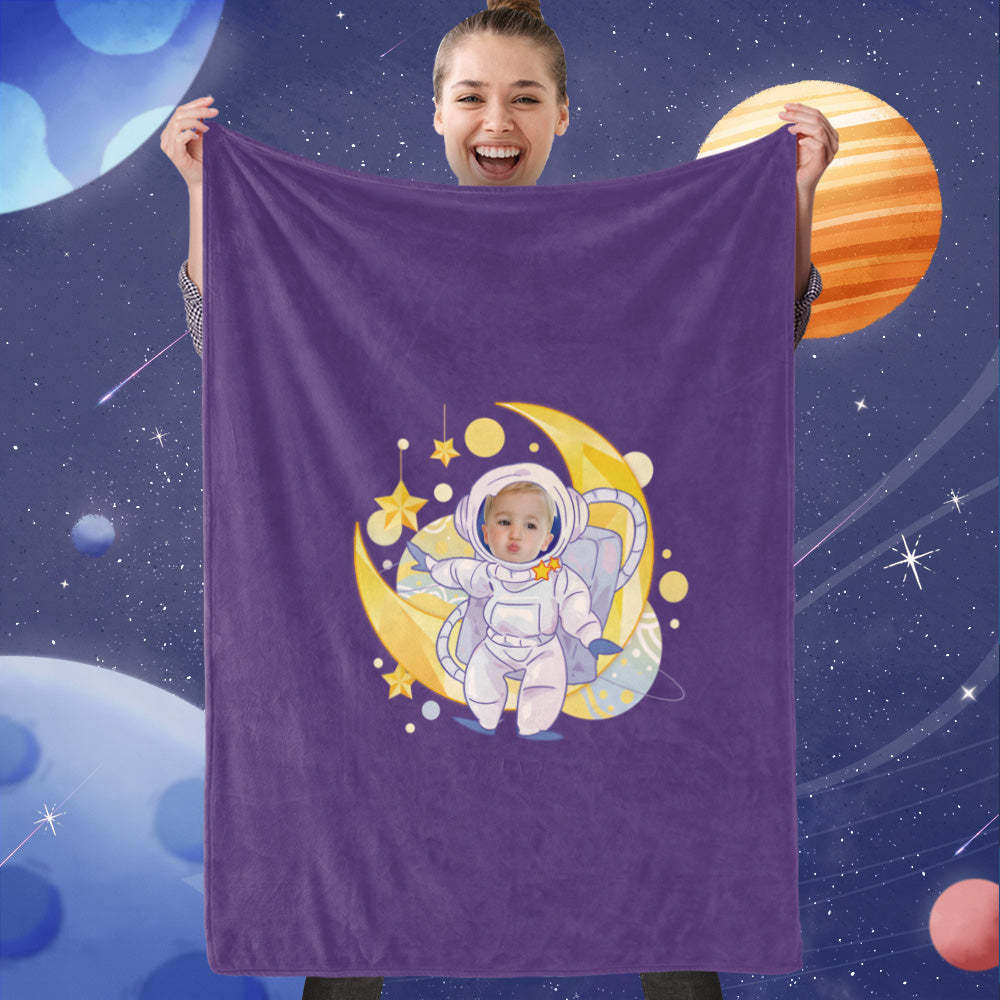 Custom Face Blanket, Personalized Moon And Astronaut Blanket, Best Gift For Space Lover