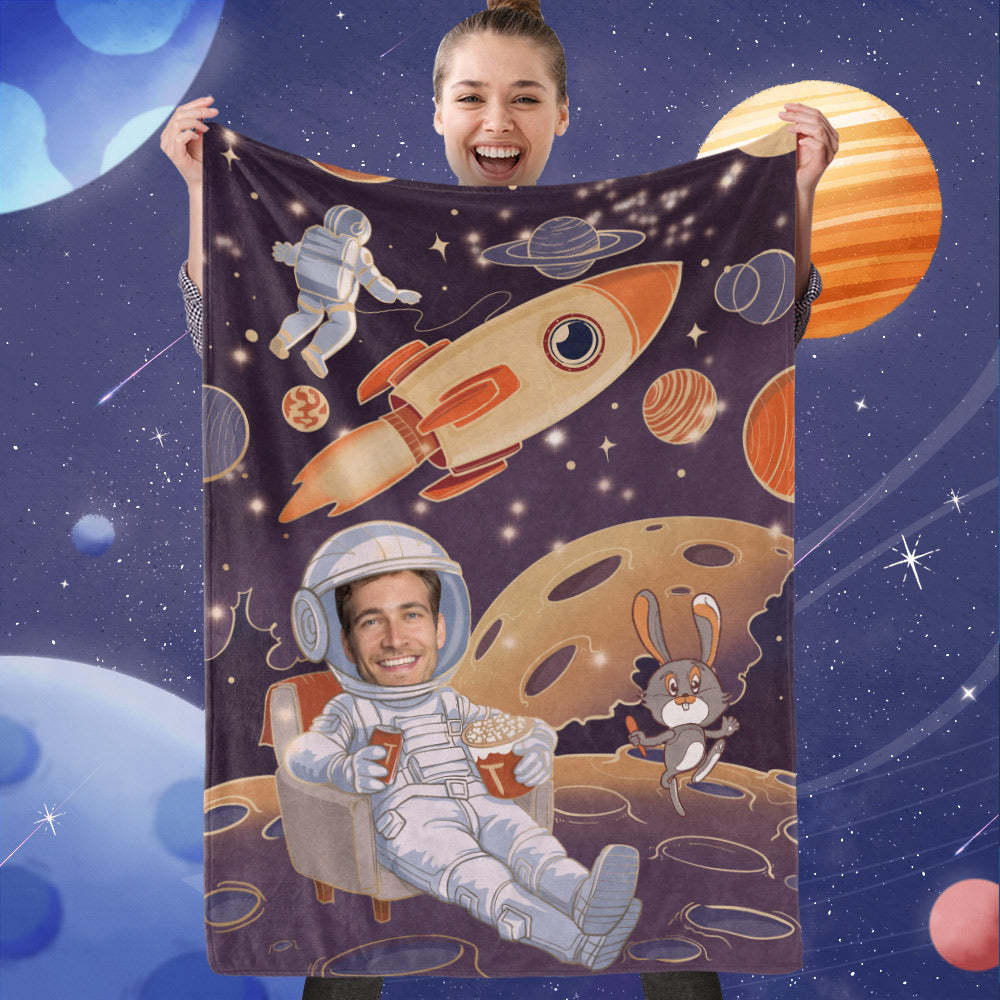 Personalized  Face Blanket Gift, Custom Astronaut And Rocket Blanket, Best Gift For Space Lover