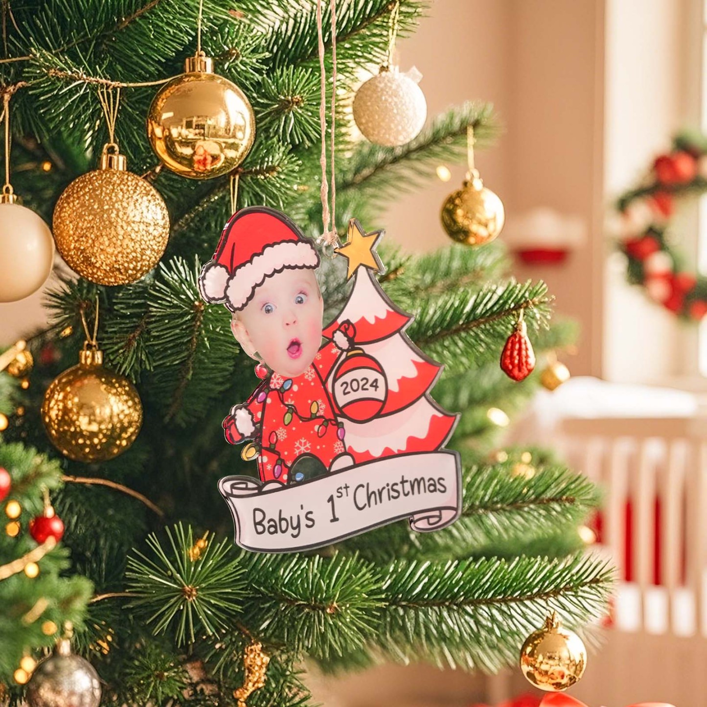 Personalized Photo Christmas Ornaments Baby's First Christmas Acrylic 2D Custom Baby Face Christmas Tree Ornaments Xmas Decoration Hanging Pendant Gifts - Get Photo Blanket