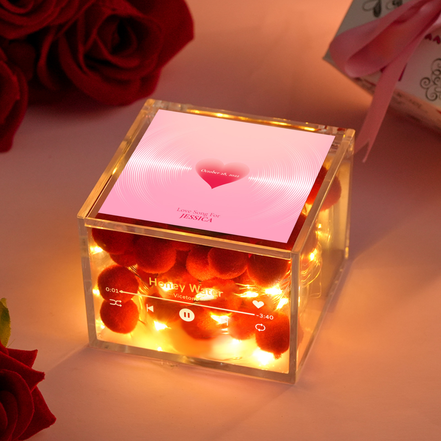 Custom Mini Vinyl Record Player with Auto-Play USB Charging Feature Photo and Romantic Warm Light - Get Photo Blanket