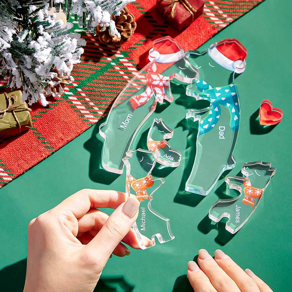 Custom Names Christmas Hugging Bear Family Acrylic Bear Family Puzzle Home Decor Christmas Gifts - Get Photo Blanket