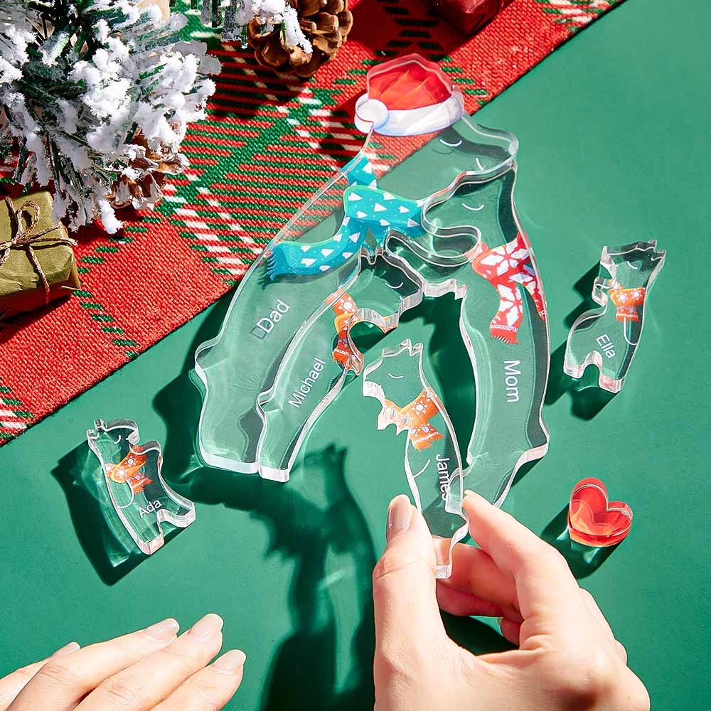 Custom Names Christmas Hugging Bear Family Acrylic Bear Family Puzzle Home Decor Christmas Gifts - Get Photo Blanket