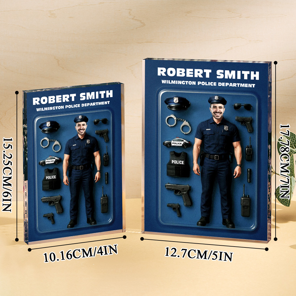 Personalized 3D Effect Police Officer Action Figure Customizable Head Packaging Custom Acrylic Block Plaque Gift For Police Officers - Get Photo Blanket