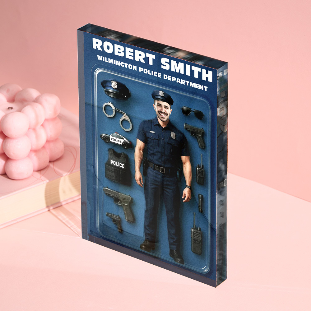 Personalized 3D Effect Police Officer Action Figure Customizable Head Packaging Custom Acrylic Block Plaque Gift For Police Officers - Get Photo Blanket