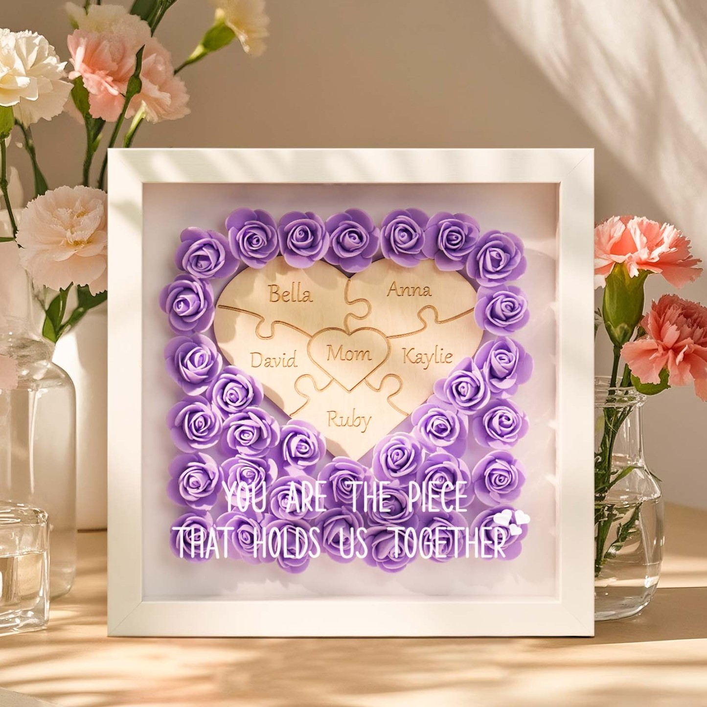 Personalized Puzzle Piece Mom Heart Shaped Flower Shadow LED Box
