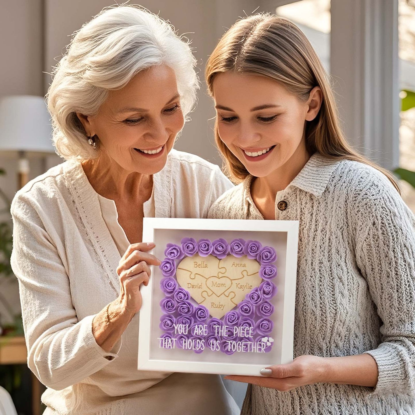 Personalized Puzzle Piece Mom Heart Shaped Flower Shadow LED Box