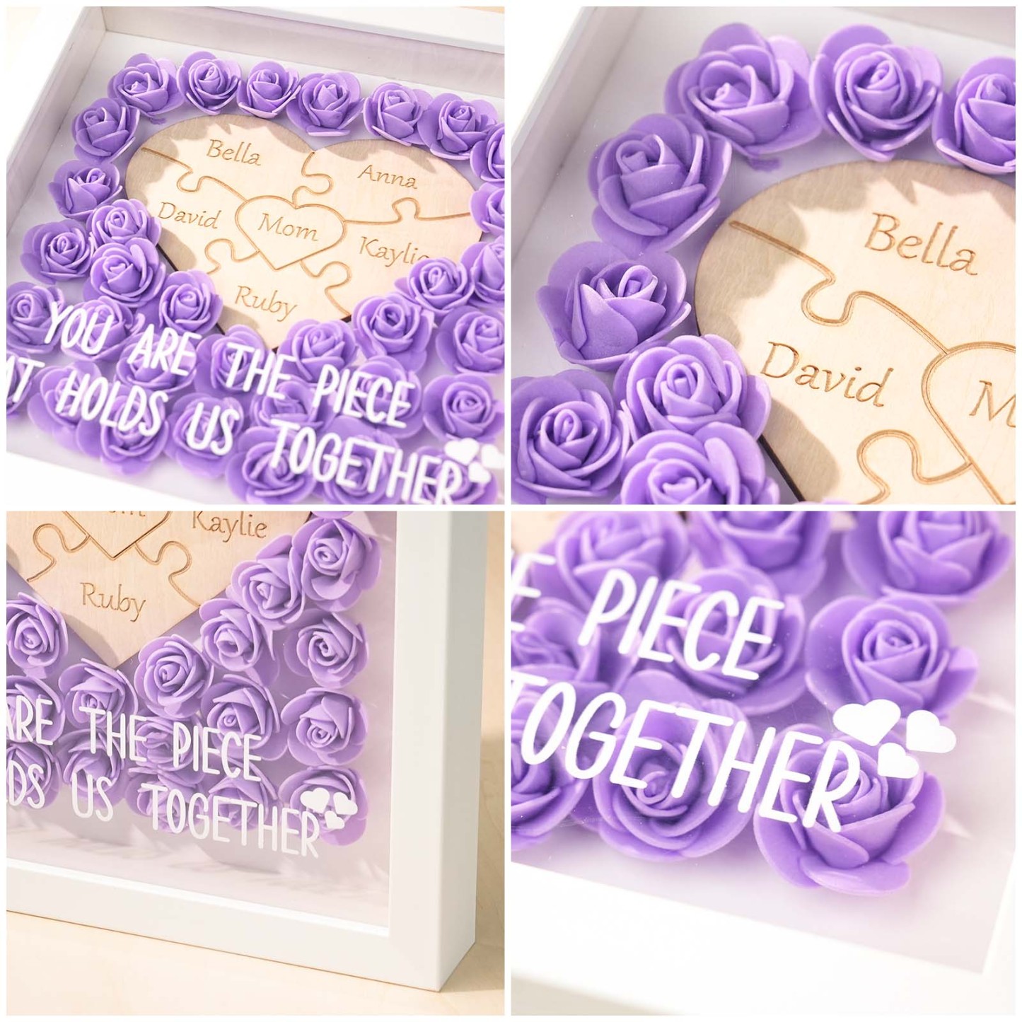 Personalized Puzzle Piece Mom Heart Shaped Flower Shadow LED Box