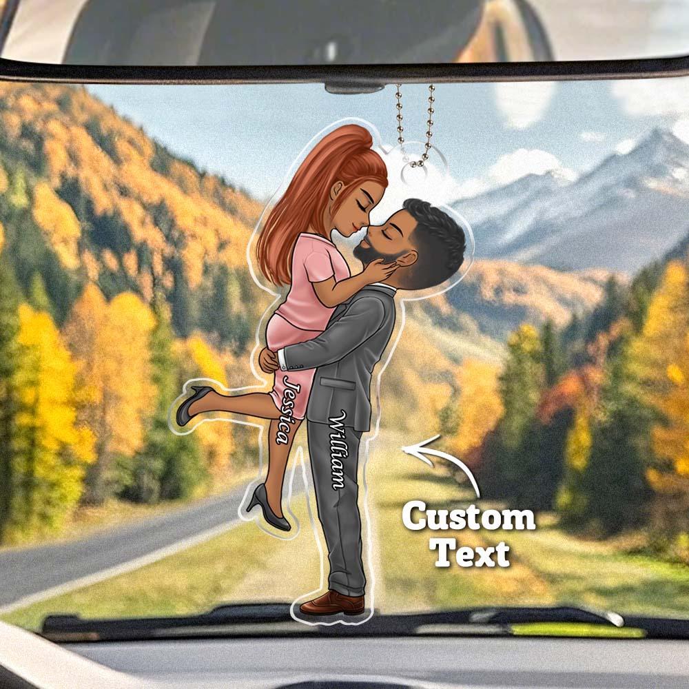 Personalized Acrylic Car Hanger - Cute Couple Kissing Moment - Custom Name Gift for Boyfriend & Girlfriend - Get Photo Blanket